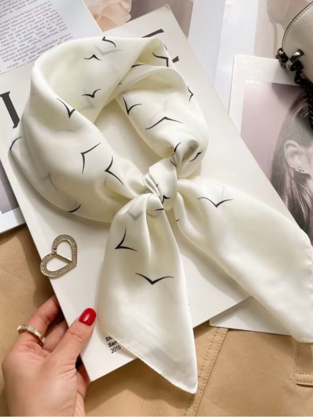 Minimalist Bird Print Square Scarf Cream Black 27.5” | New
